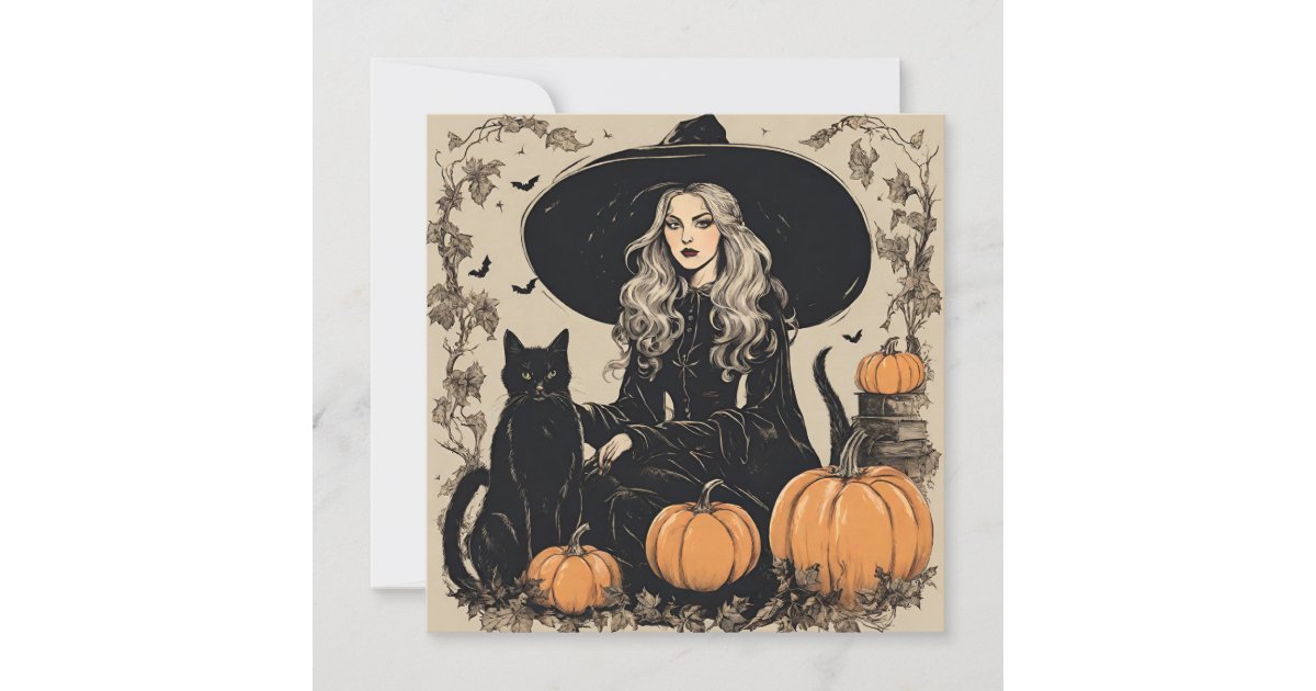 Cute Vintage Halloween Witch with Black Cat Card | Zazzle