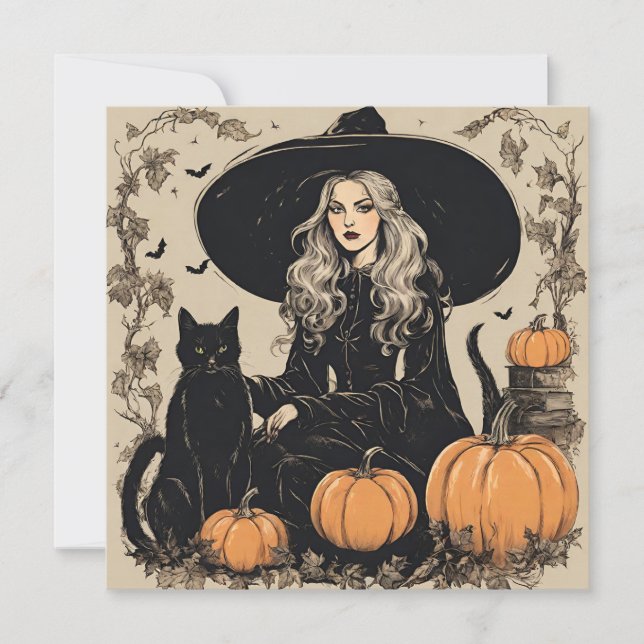 Cute Vintage Halloween Witch with Black Cat Card (Front)