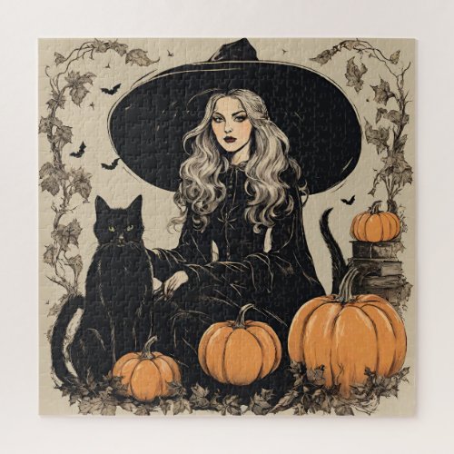 Cute Vintage Halloween Witch with Black Cat Jigsaw Puzzle
