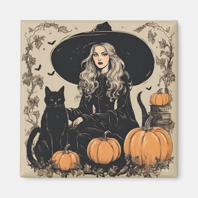 Cute Vintage Halloween Witch with Black Cat Magnet (Front)