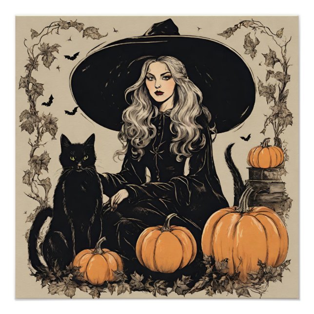 Cute Vintage Halloween Witch with Black Cat Poster (Front)