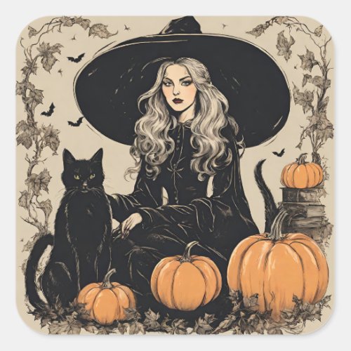 Cute Vintage Halloween Witch with Black Cat Square Sticker