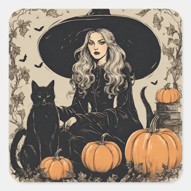 Cute Vintage Halloween Witch with Black Cat Square Sticker | Zazzle