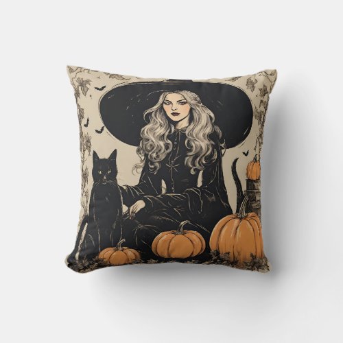 Cute Vintage Halloween Witch with Black Cat Throw Pillow