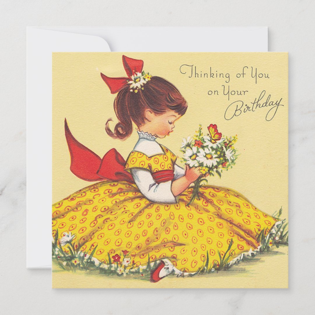 Cute Vintage Happy Birthday Girl In Dress Holiday Card | Zazzle