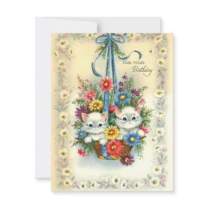 Cute Vintage Happy Birthday Kittens In A Basket Holiday Card