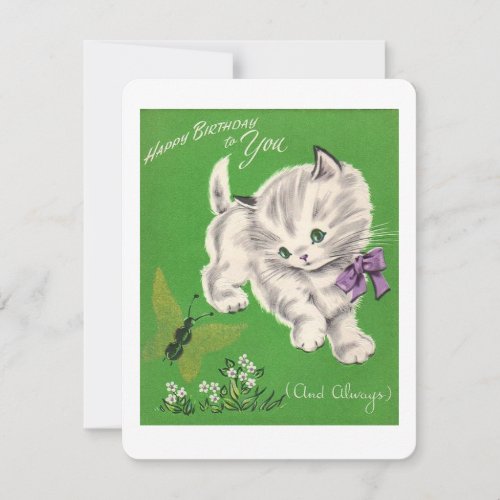 Cute Vintage Happy Birthday White Kitten Holiday Card