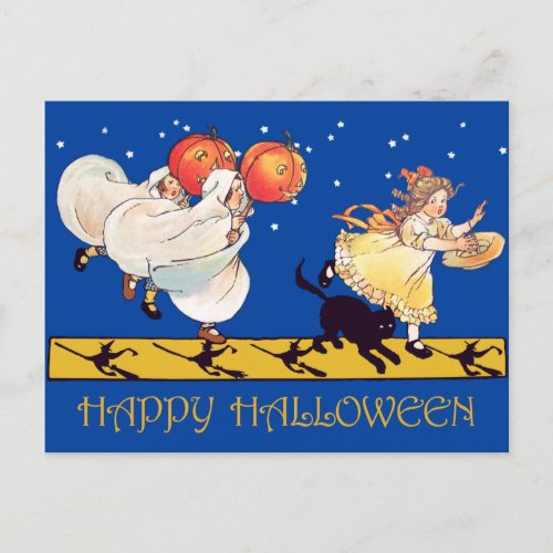 Cute Vintage Happy Halloween Black Cat Ghosts Postcard