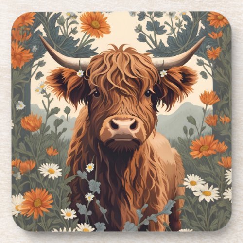 Cute Vintage Highland Cow  Beverage Coaster