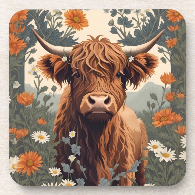Cute Vintage Highland Cow  Beverage Coaster (Front)