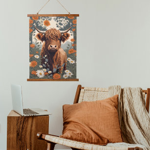 Cute Vintage Highland Cow Daisy Field Hanging Tapestry