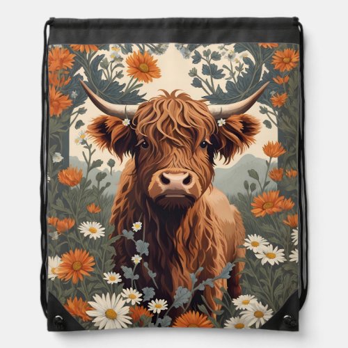 Cute Vintage Highland Cow  Drawstring Bag