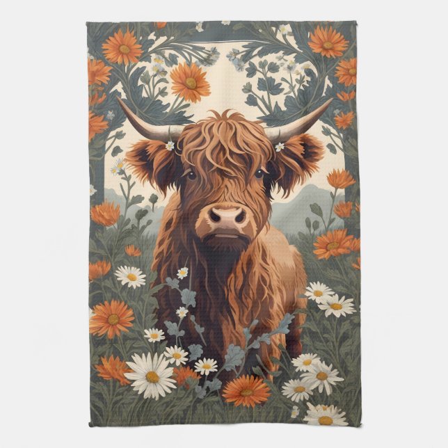 Cute Vintage Highland Cow Kitchen Towel (Vertical)