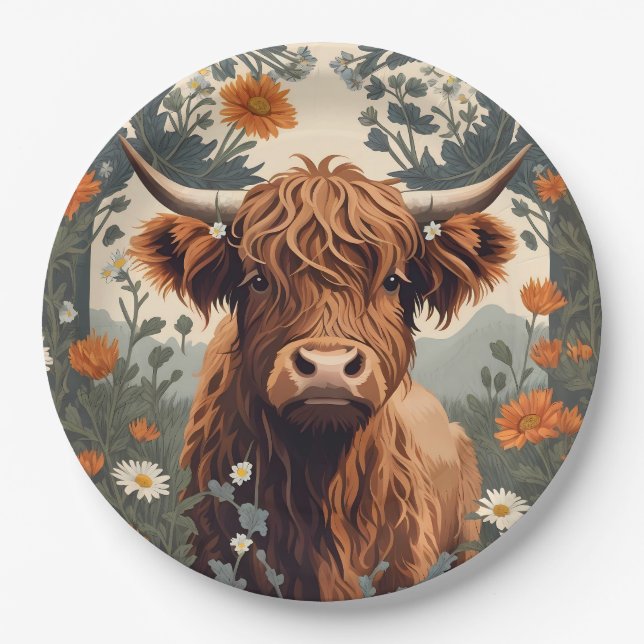 Cute Vintage Highland Cow  Paper Plates (Front)
