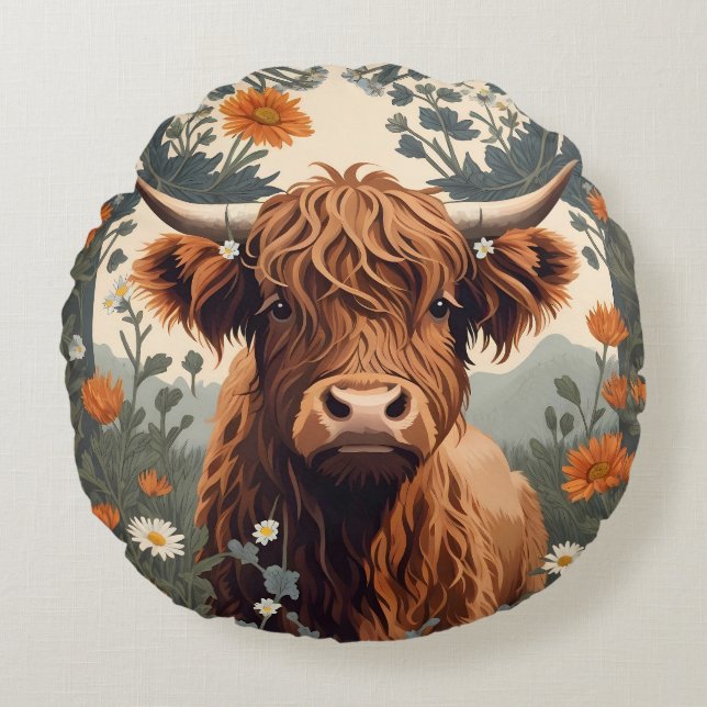 Cute Vintage Highland Cow  Round Pillow (Front)