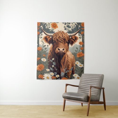 Cute Vintage Highland Cow  Tapestry