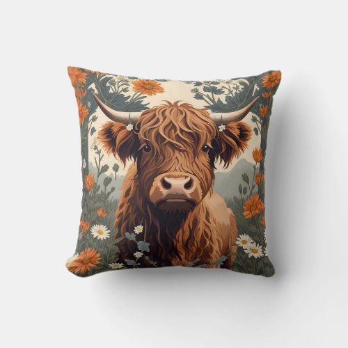 Cute Vintage Highland Cow  Throw Pillow