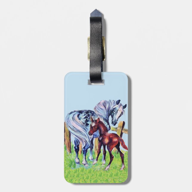 Cute Vintage Horses Mom Baby Luggage Tag (Back Vertical)