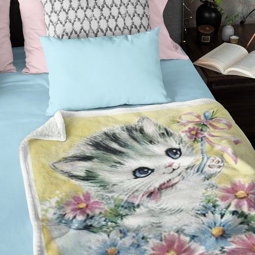 Cute Vintage Image Kitten Umbrella Spring Flowers Fleece Blanket