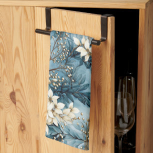 Cute Vintage Inspired Blue Christmas Florals Kitchen Towel