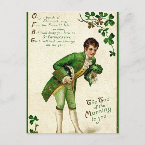 Cute vintage Irish lad clover Saint Patricks Day Holiday Postcard