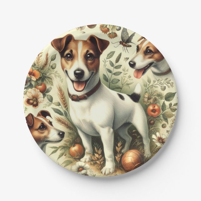 Cute Vintage Jack Russell Terrier Paper Plates (Front)