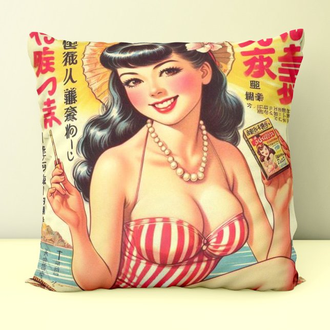 Cute Vintage Japanese Girl Throw Pillow (Creator Uploaded)