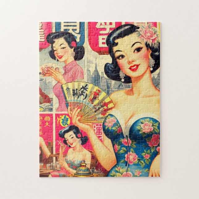 Cute Vintage Japanese Girls Illustration Jigsaw Puzzle (Vertical)