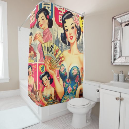 Cute Vintage Japanese Girls Illustration Shower Curtain