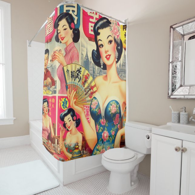Cute Vintage Japanese Girls Illustration Shower Curtain (In Situ)