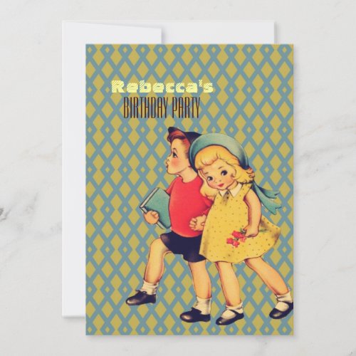 cute vintage kids retro children birthday party invitation