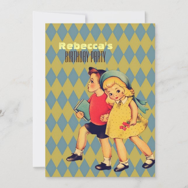cute vintage kids retro children birthday party invitation (Front)