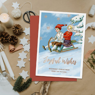 Cute Vintage Kids Sledding Scene   Joyful Wishes  Foil Holiday Card