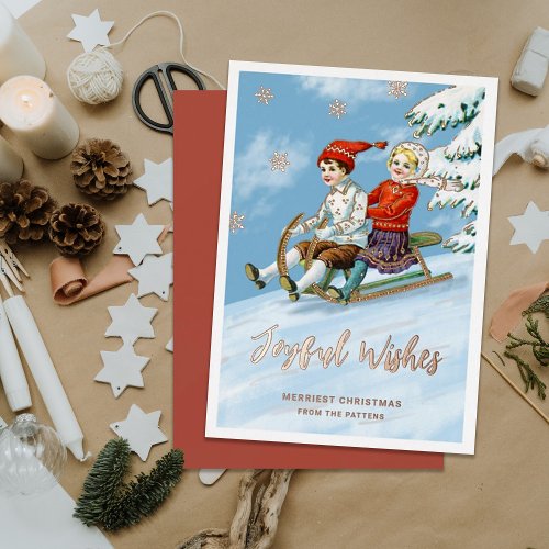 Cute Vintage Kids Sledding Scene  Joyful Wishes  Foil Holiday Card