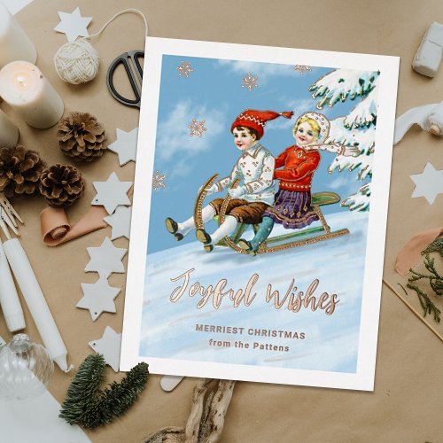 Cute Vintage Kids Sledding Scene  Joyful Wishes Foil Holiday Postcard