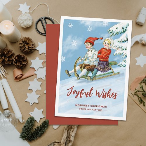 Cute Vintage Kids Sledding Scene  Joyful Wishes Holiday Card