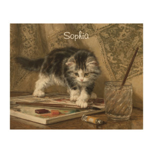Cute Vintage Kitten Art, Name Wood Wall Art