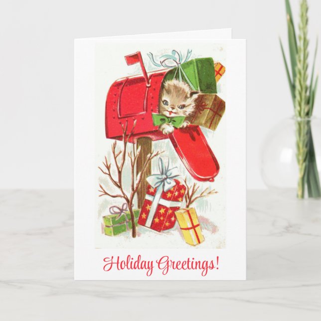Cute Vintage Kitten Cat Christmas Greetings Holiday Card (Front)