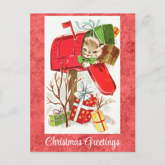 Cute Vintage Kitten Cat Christmas Greetings Postcard (Front)