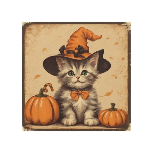Cute Vintage Kitten in Halloween Costume Pumpkins Wood Wall Art