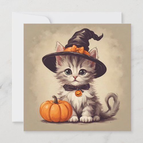 Cute Vintage Kitten in Halloween Witch Costume  Card