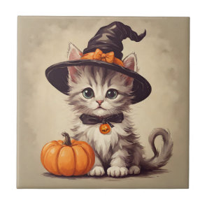 Cute Vintage Kitten in Halloween Witch Costume Ceramic Tile