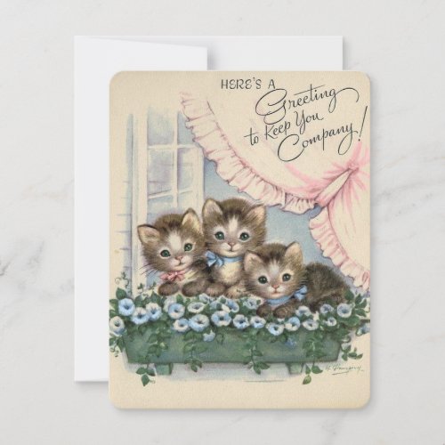 Cute Vintage  Kittens In a Basket Greetings Holiday Card