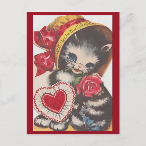 Cute Vintage Kitty Cat in Bonnet 1950s Valentine Postcard