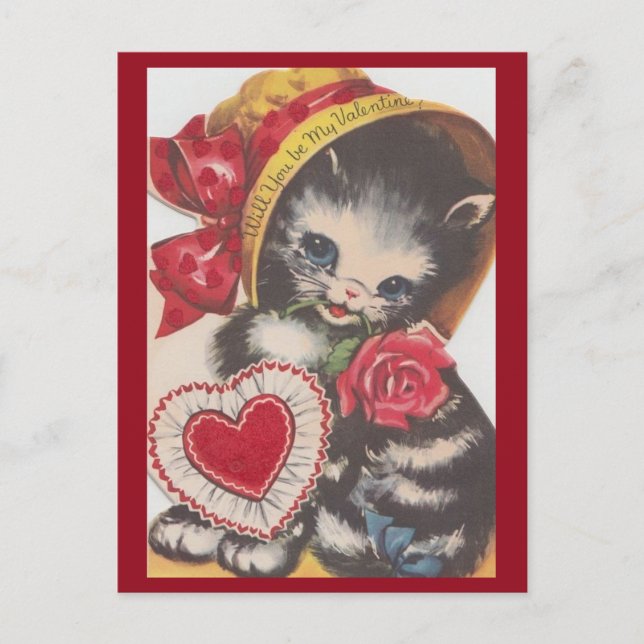 Cute Vintage Kitty Cat in Bonnet 1950's Valentine Postcard (Front)