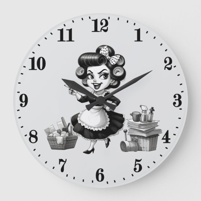 Cute vintage lady cleaning large clock (Front)