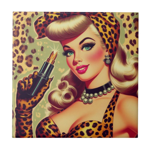 Cute Vintage Leopard Print Girl Ceramic Tile (Front)