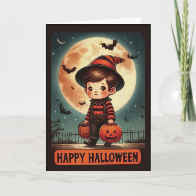 Cute Vintage Little Wizard Boy Halloween Holiday Card (Front)