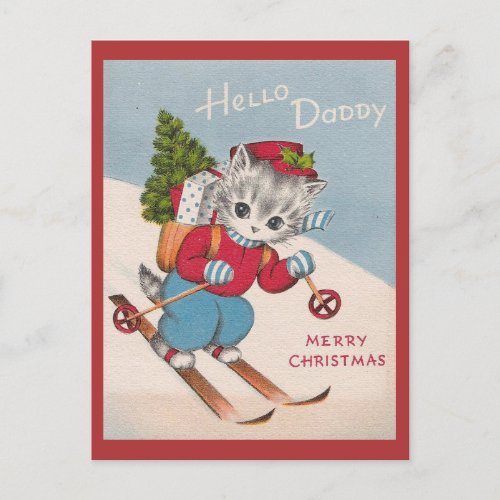 Cute Vintage Merry Christmas Dad Skiing Cat Postcard