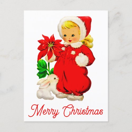 Cute Vintage Merry Christmas Retro Girl Postcard